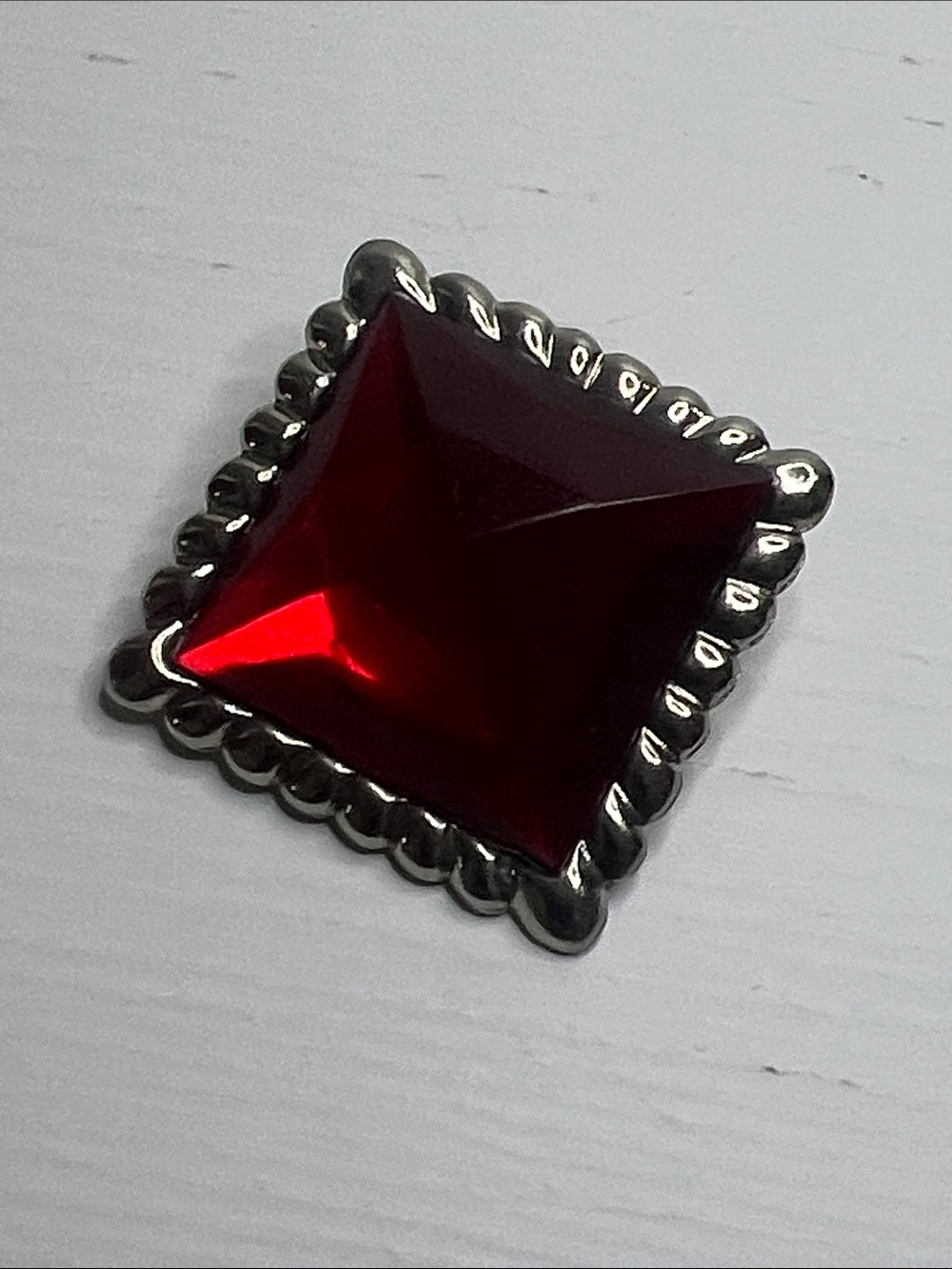 Vintage Square Red Faceted Stone Pin with Silver-Tone Bezel